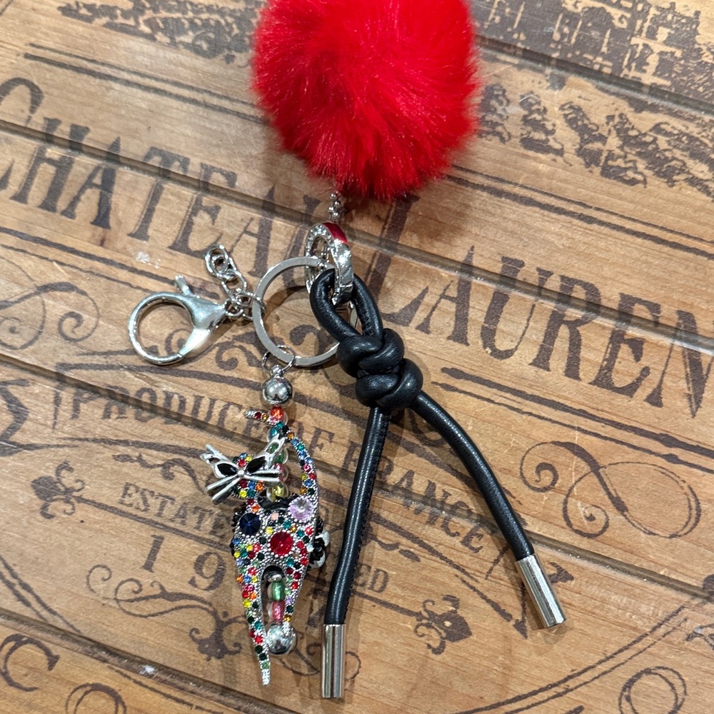Red and Black Pom Pom Keychain with Multicolor Charm